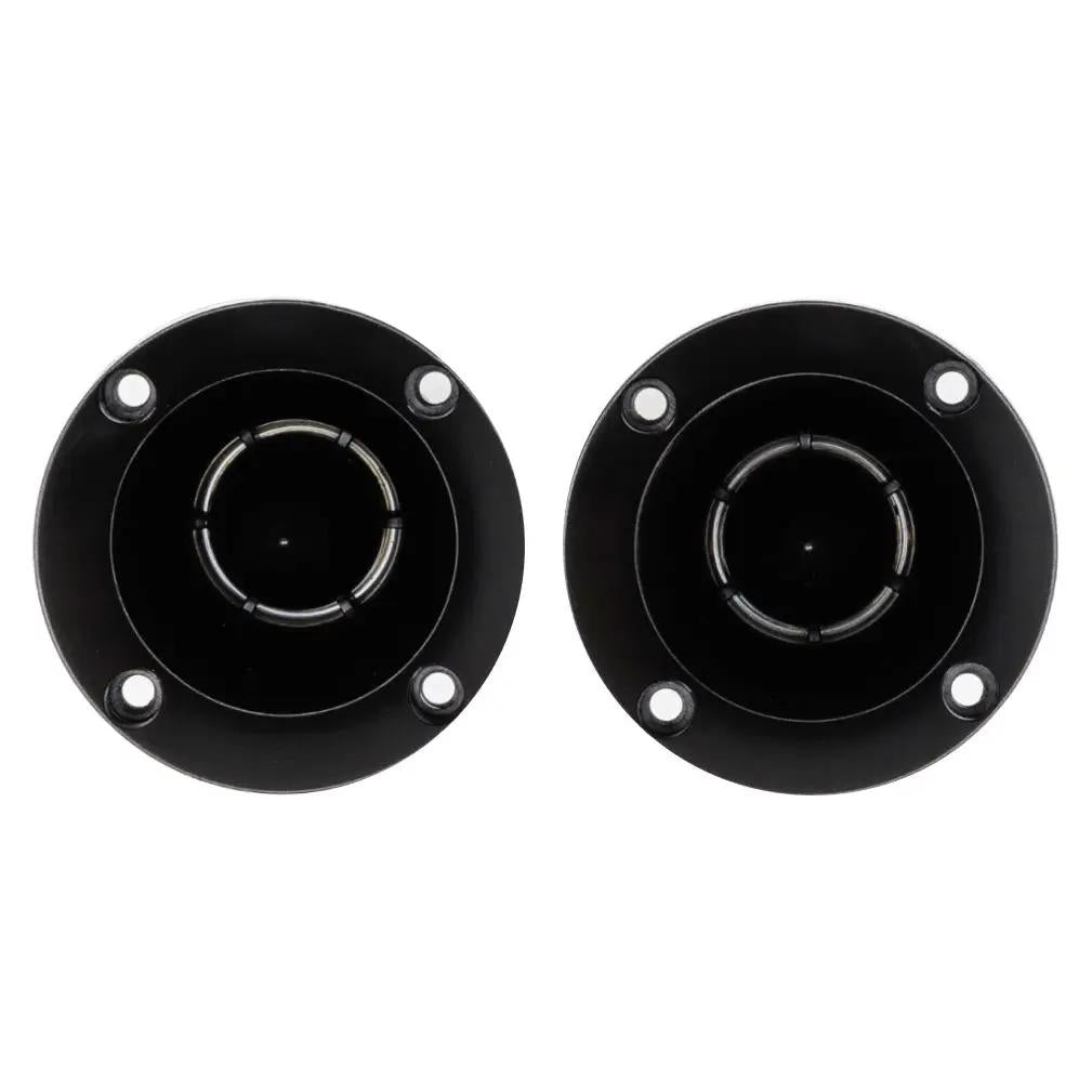 Front view of two black horn tweeters with three mounting holes each