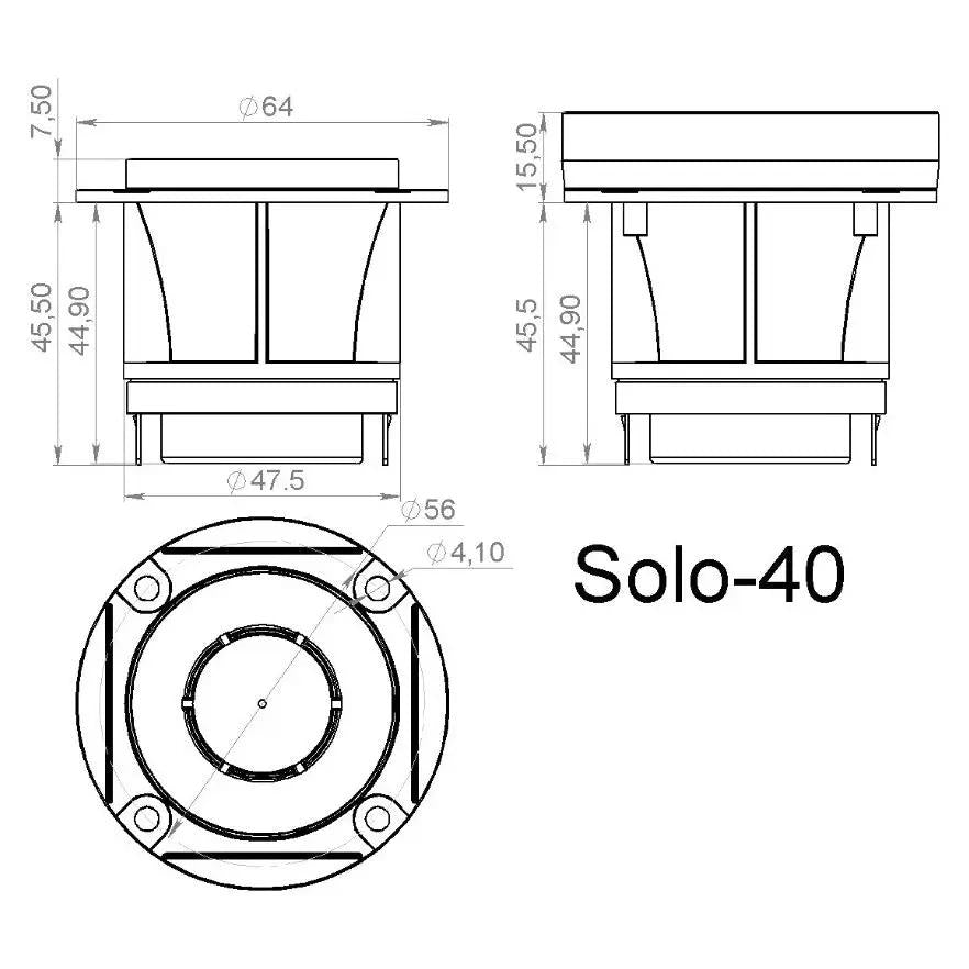 Pride Solo 40 tweeter dimension drawing showing a 64 mm face diameter and 47.5 mm lower-body diameter