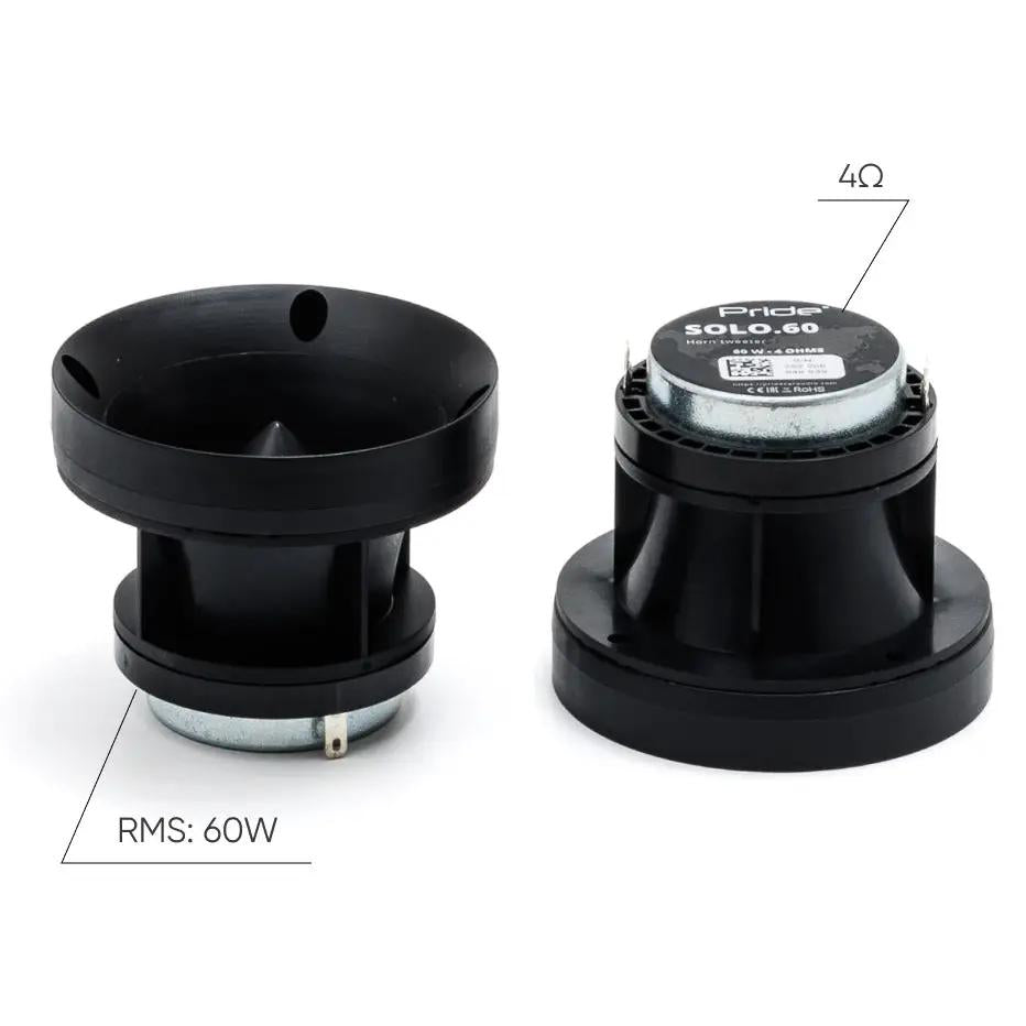 Pride Solo 60 horn tweeter graphic showing 60 W RMS and 4-ohm impedance