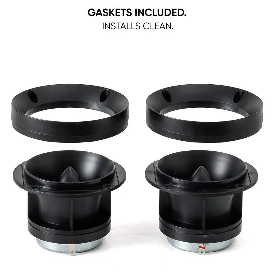Two horn tweeters with removable gaskets shown above them and identified as included