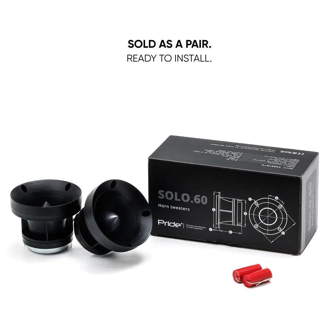 Pride Solo 60 horn tweeter pair, red capacitors and packaging with a sold-as-a-pair message