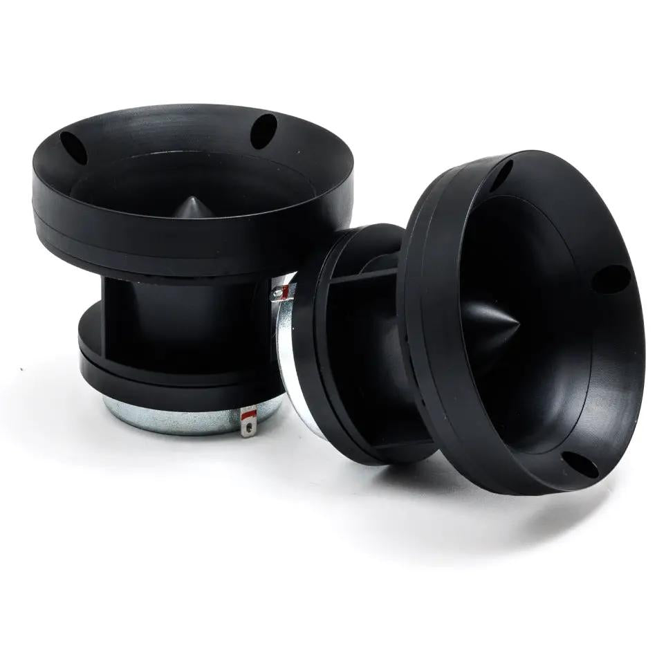 Two black horn tweeters shown from angled front and side views
