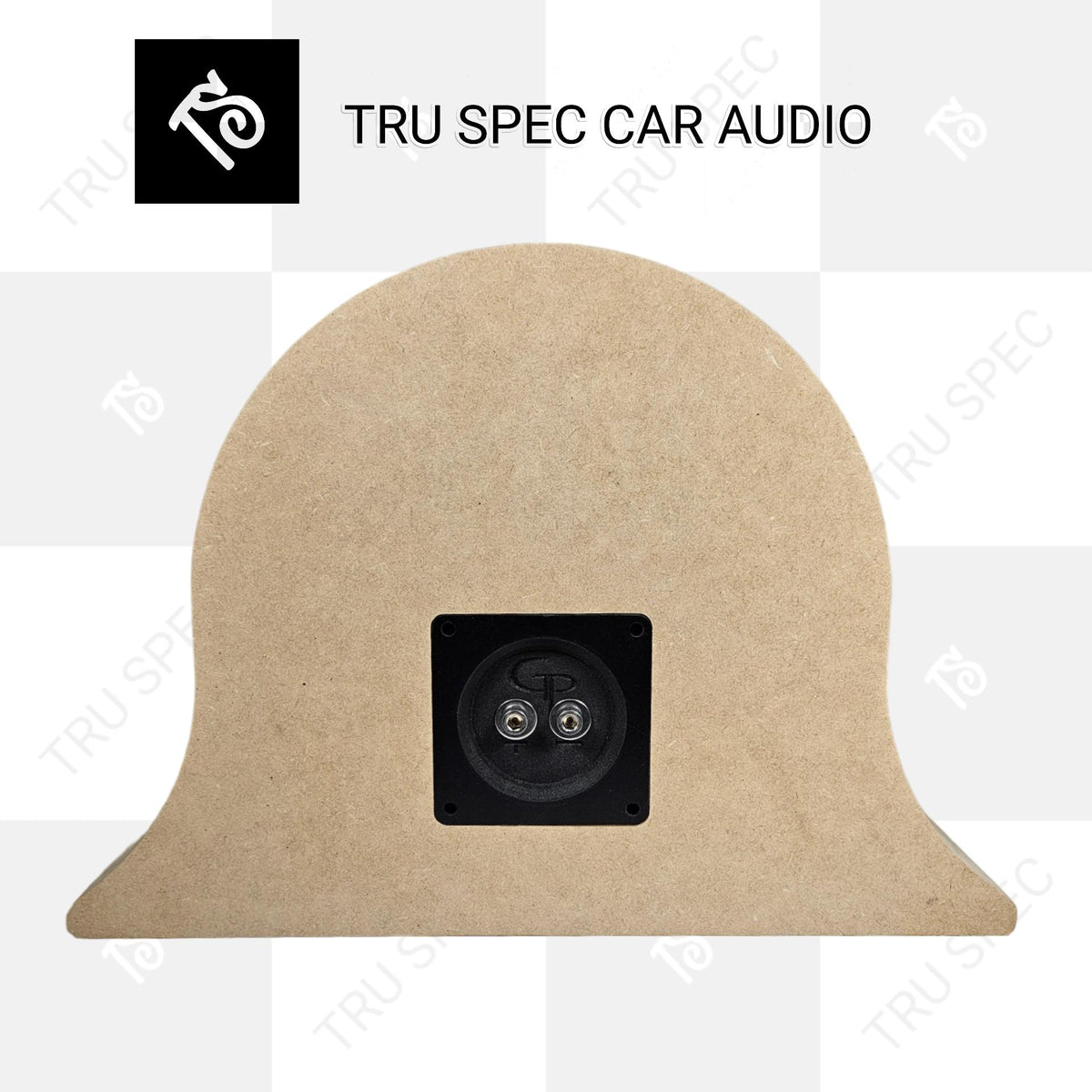 Rear view of a TRU SPEC Stack Fab enclosure showing its square speaker-terminal panel