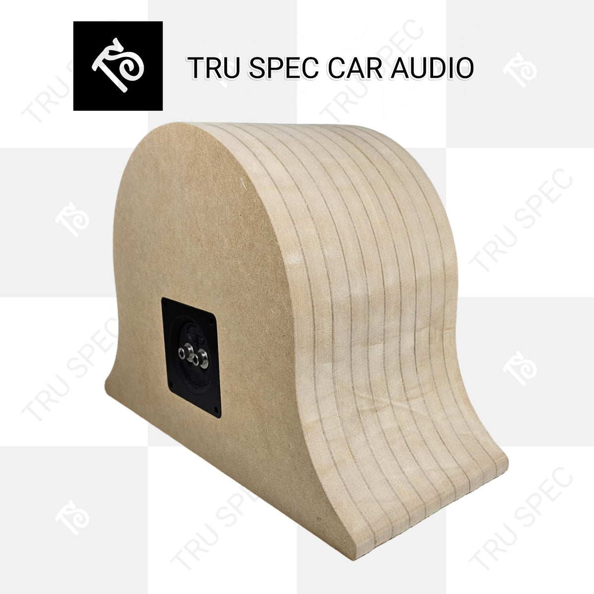 Rear angled view of the Tru Spec Stack Fab enclosure showing its layered wood construction and black terminal plate