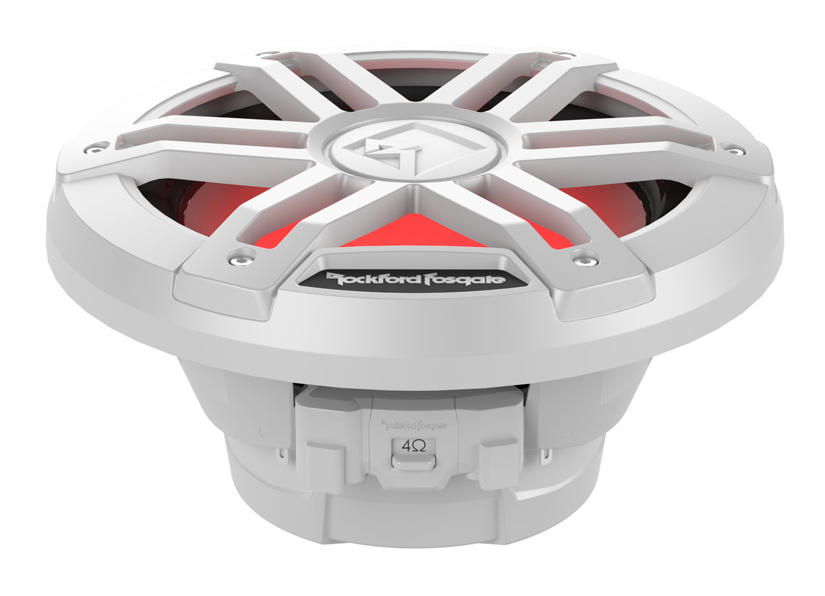 Rockford Fosgate M1D2-8 white 8-inch dual-2-ohm marine subwoofer, angled view