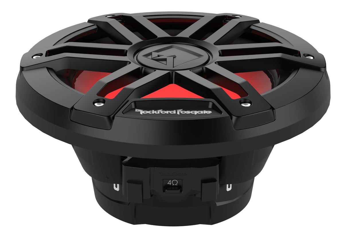 Rockford Fosgate M1D2-8B black 8-inch dual-2-ohm marine subwoofer, angled view