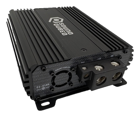 Angled view of a black SoundQubed amplifier showing its finned housing, cooling fan and large power terminals