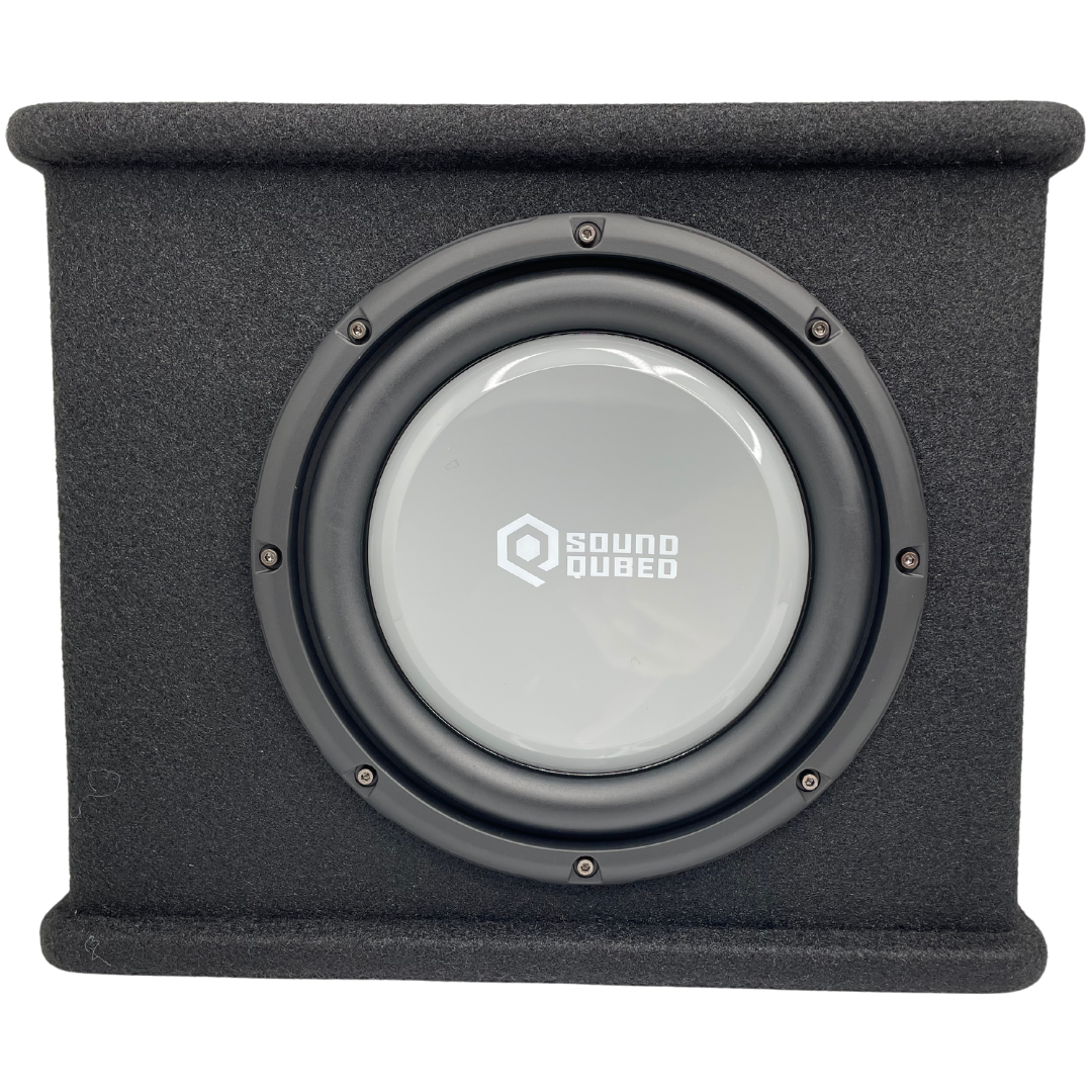 Front view of a black carpeted SoundQubed enclosure with a gray subwoofer and raised top and bottom edges