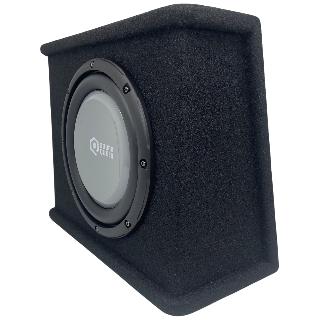 Angled front and side view of a black carpeted SoundQubed wedge enclosure with a gray subwoofer
