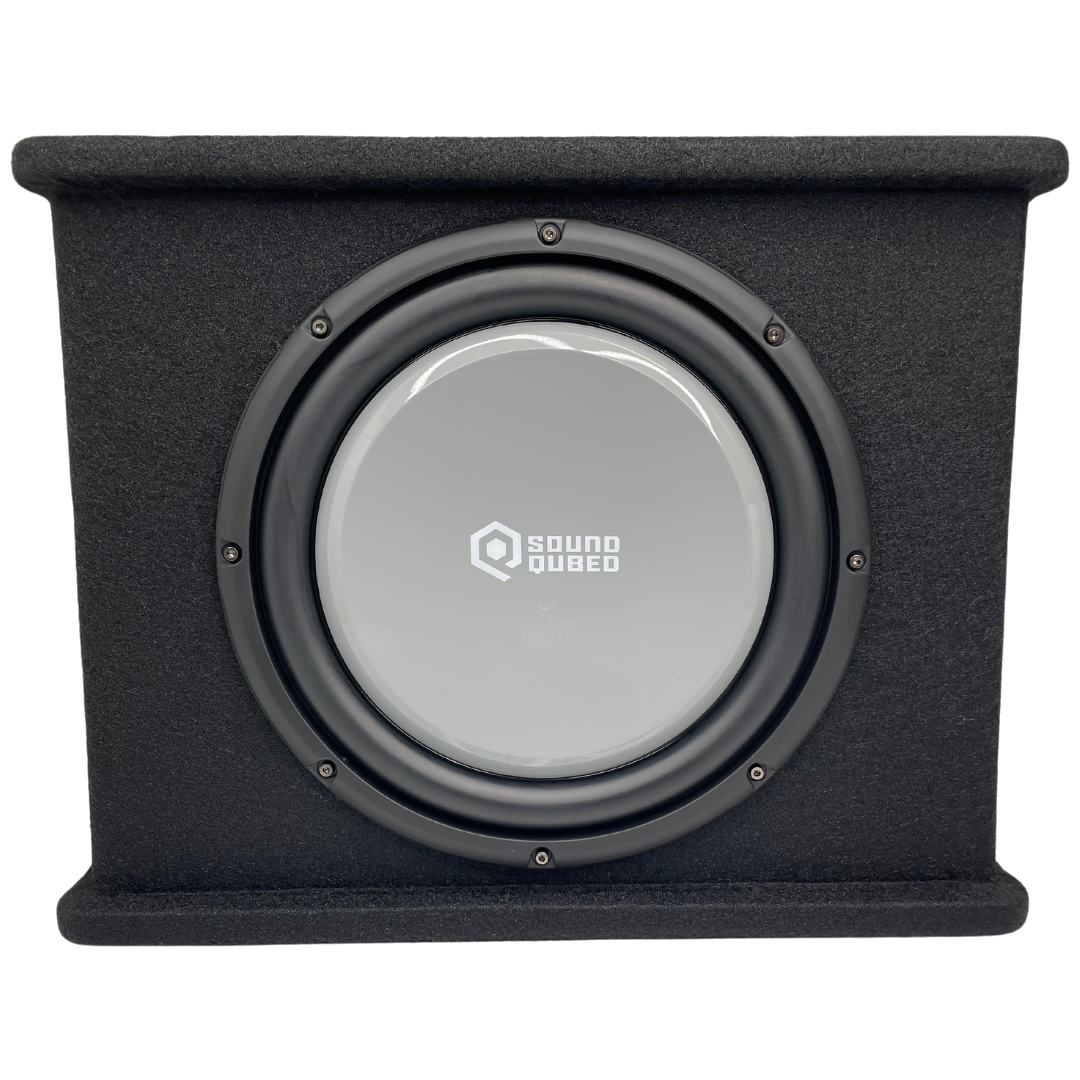 Gray-cone SoundQubed subwoofer mounted in a black carpeted enclosure with raised top and bottom edges