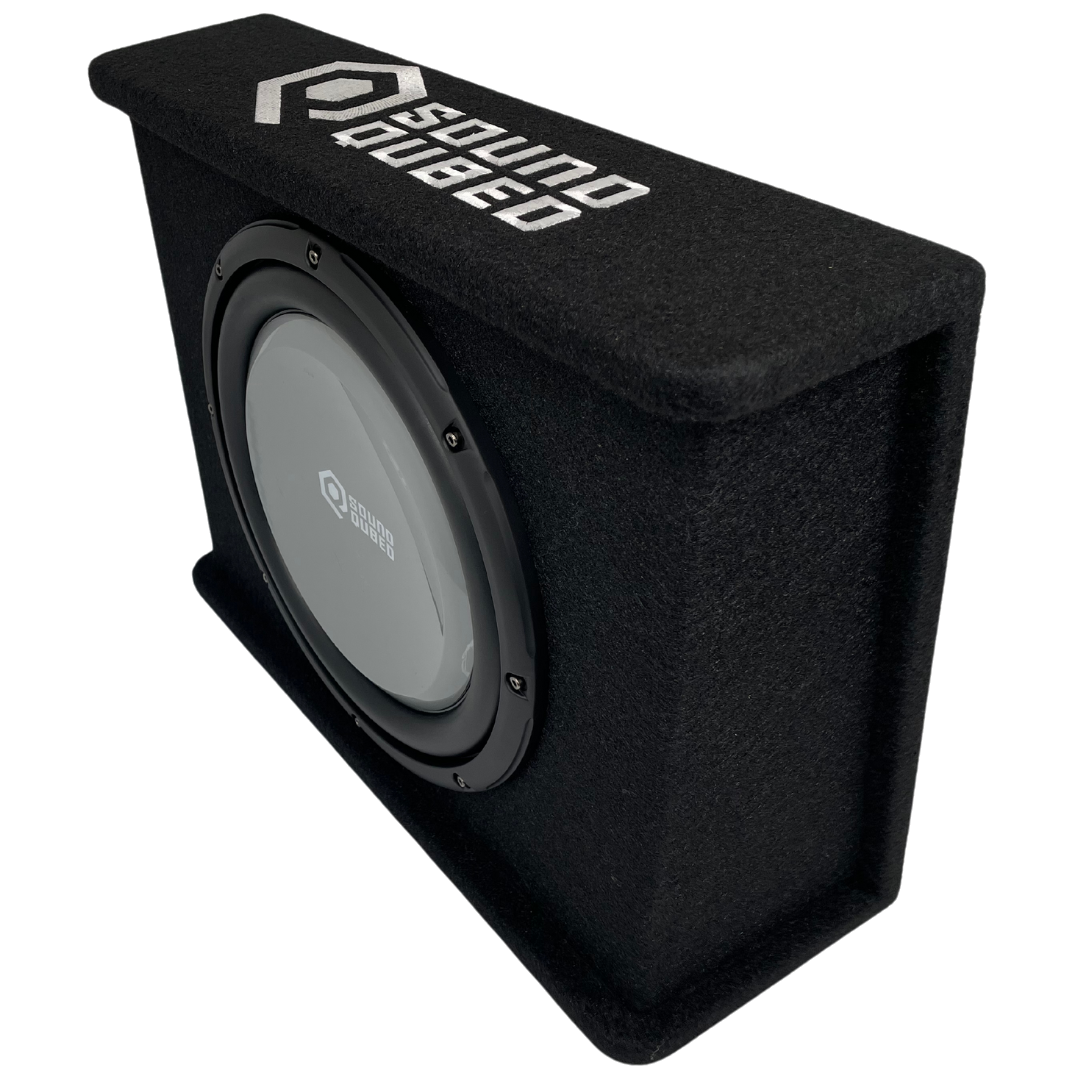 Angled view of a black SoundQubed wedge enclosure with a gray subwoofer and large white top logo