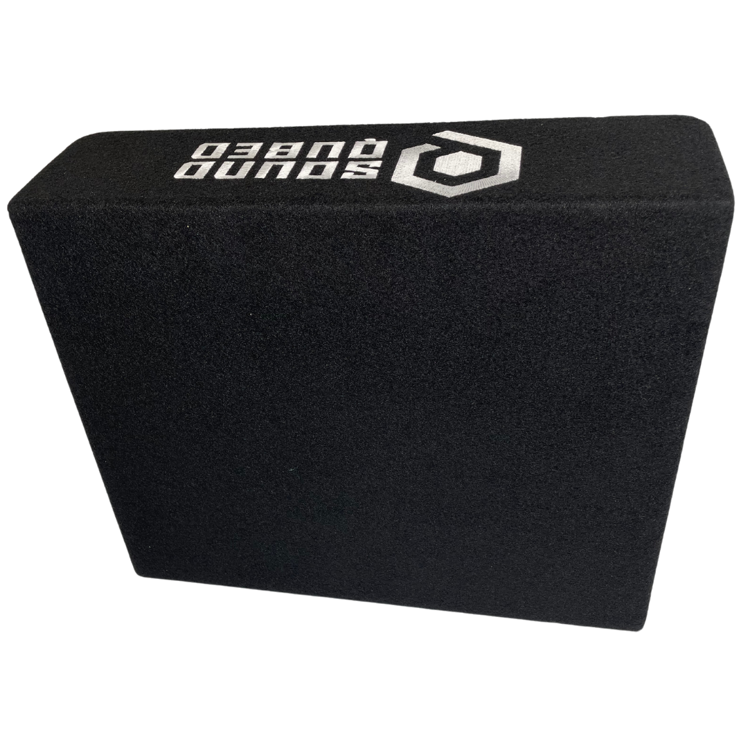 Rear view of a black carpeted SoundQubed wedge enclosure with a white logo on top