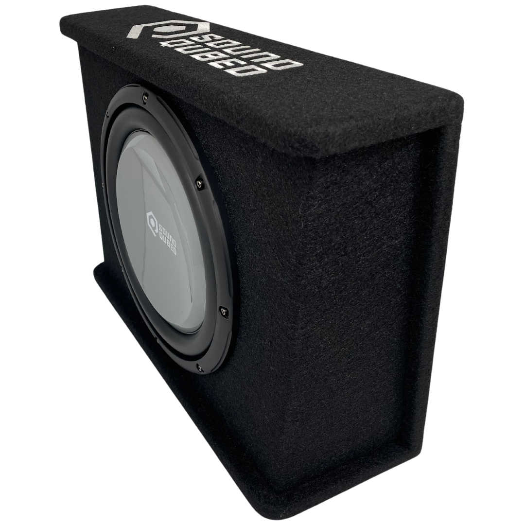 Angled front and side view of a black SoundQubed wedge enclosure showing its gray subwoofer and top logo