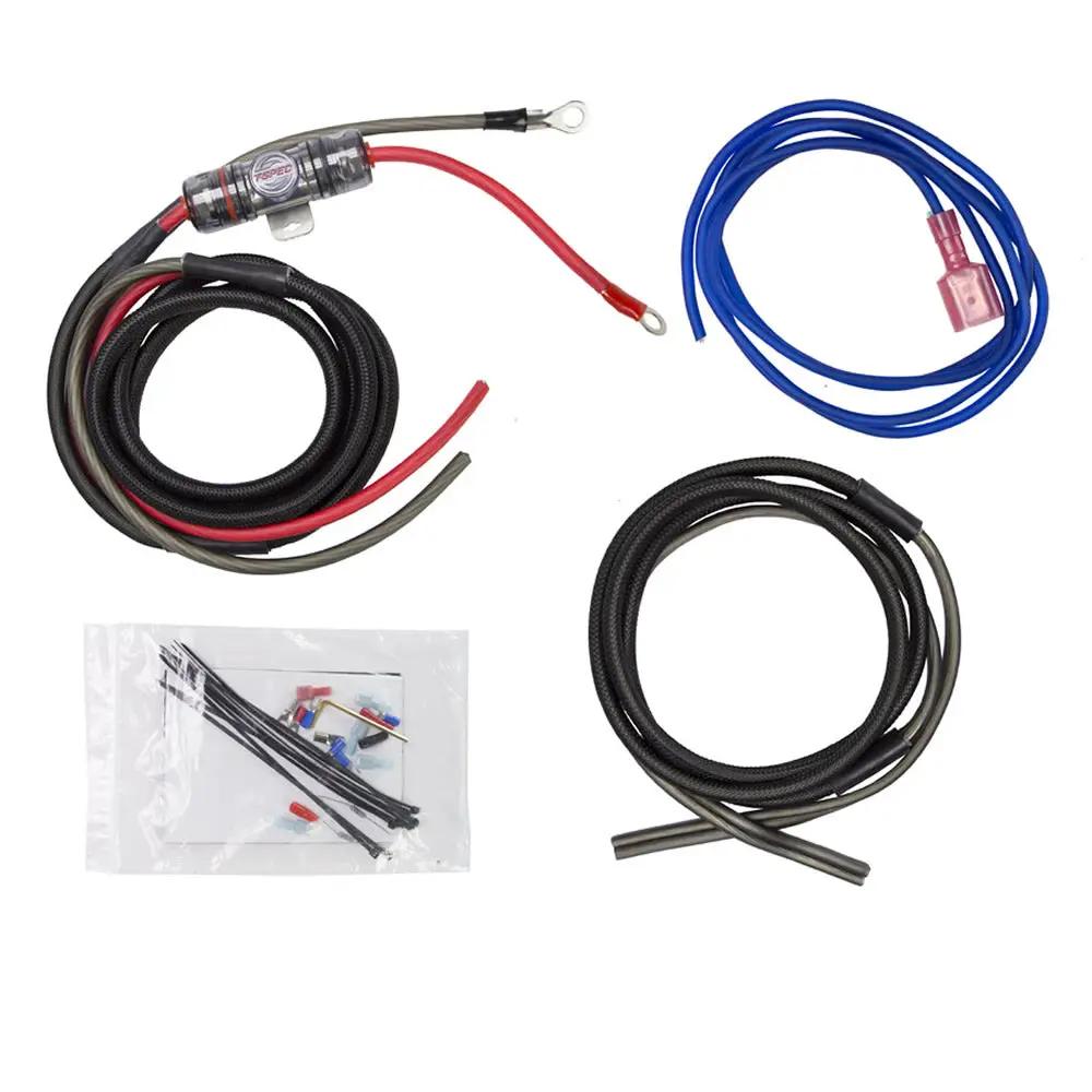 Amplifier wiring kit with coiled power cables, an inline fuse holder, blue wire and small connectors