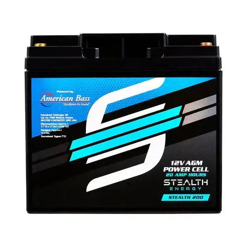 Front view of a Stealth Energy Stealth 200 battery with its blue label and top terminals.