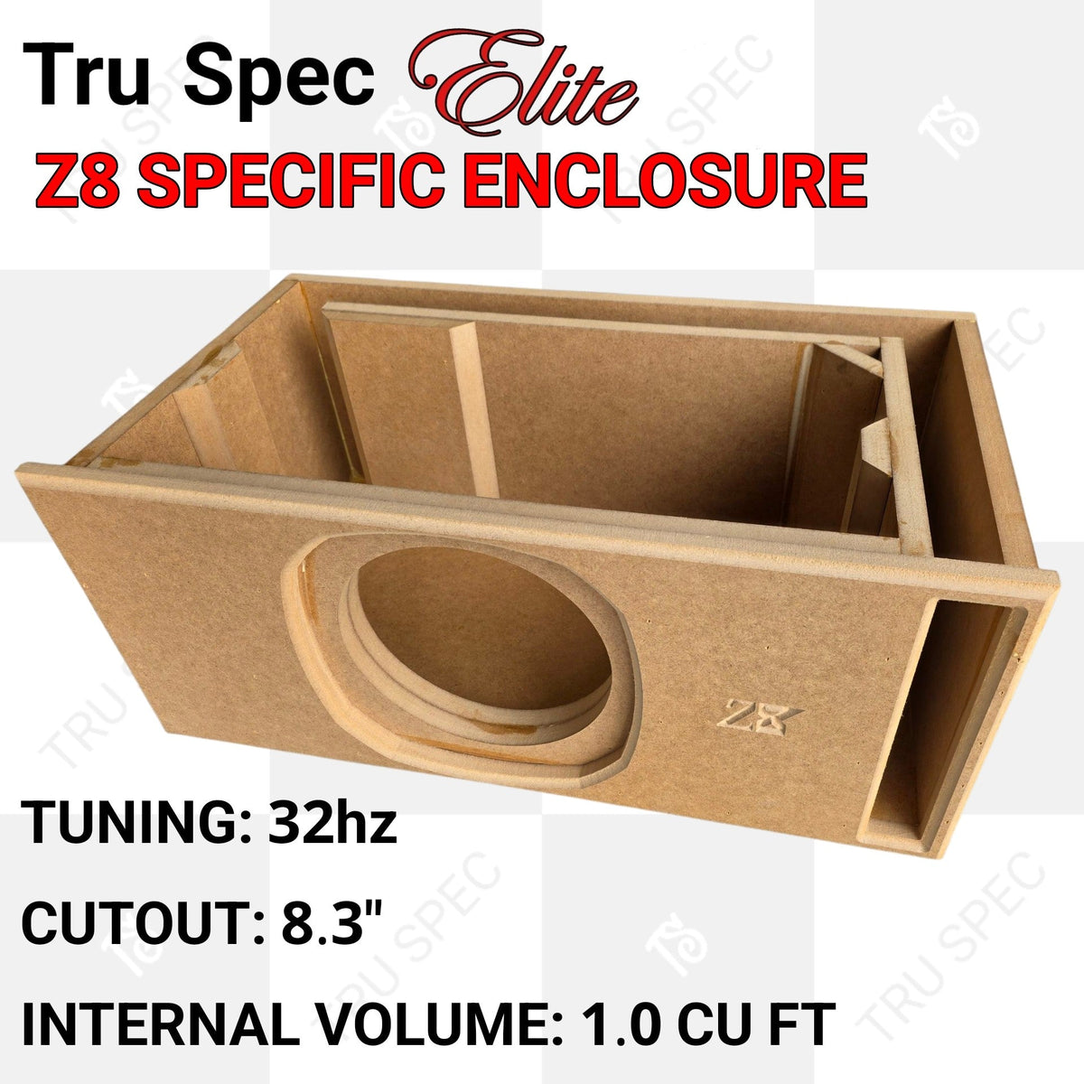 Tru Spec Elite Z8 open-top enclosure graphic showing internal bracing and specifying 1 cubic foot, an 8.3-inch cutout and 32 Hz tuning