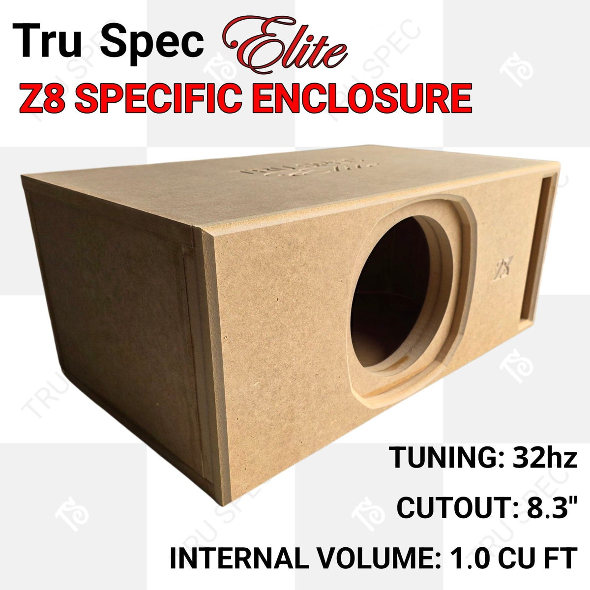 TRU SPEC Elite Z8 single enclosure graphic: 32 Hz tuning, 8.3-inch cutout and 1.0 cubic foot internal volume