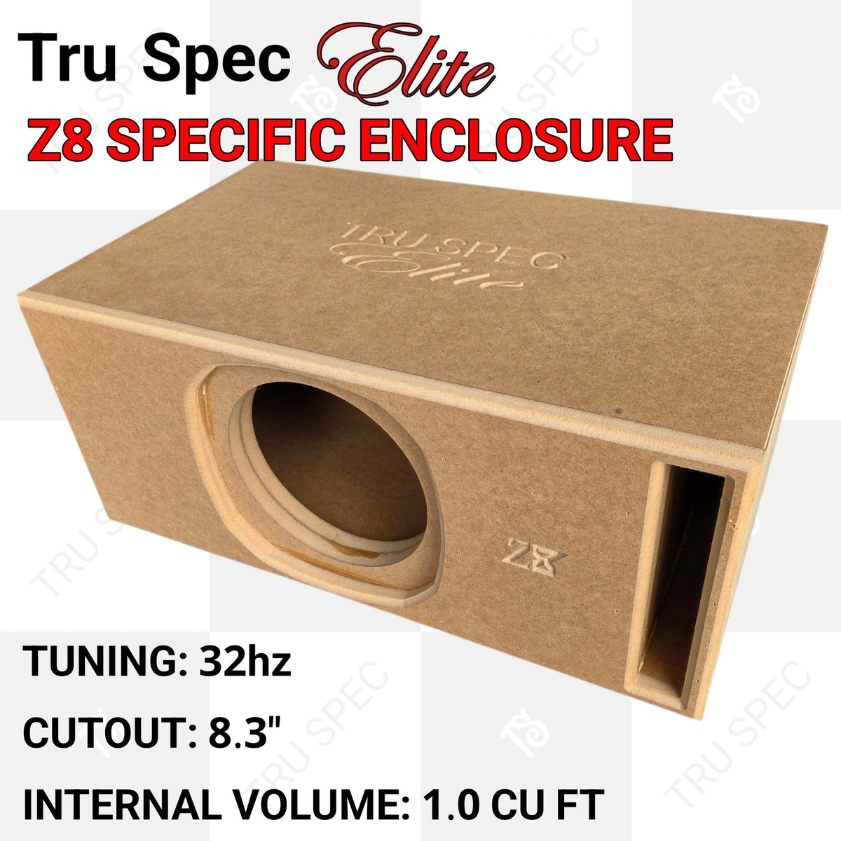 TRU SPEC Elite Z8 single-opening enclosure graphic listing 1.0 cubic foot, an 8.3-inch cutout and 32 Hz tuning