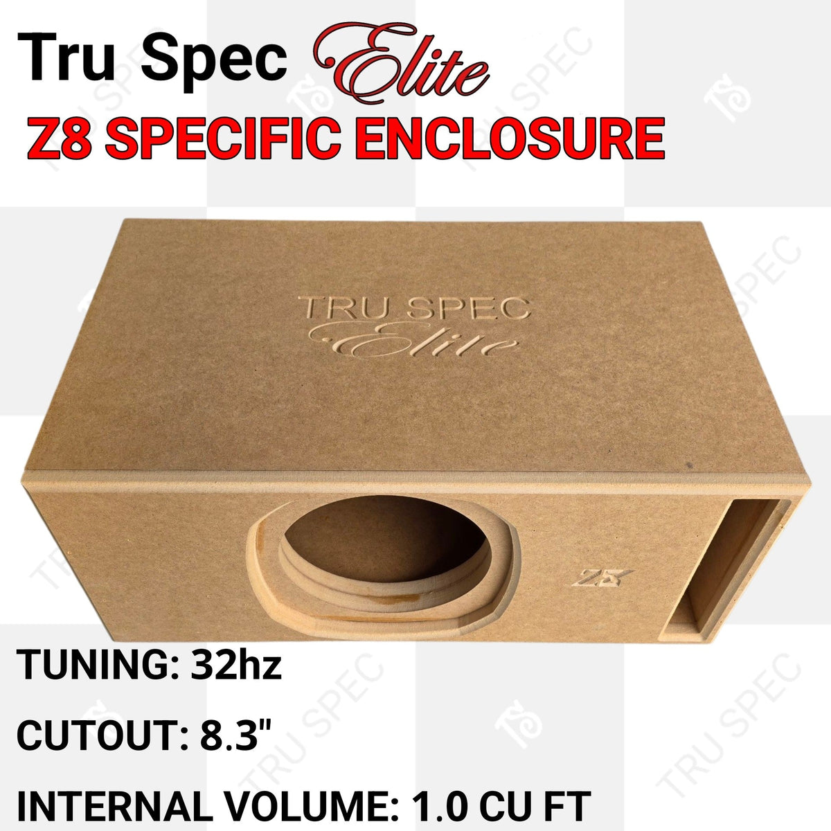 Overhead angle of a TRU SPEC Elite Z8 enclosure showing its engraved top, round front cutout and slot port