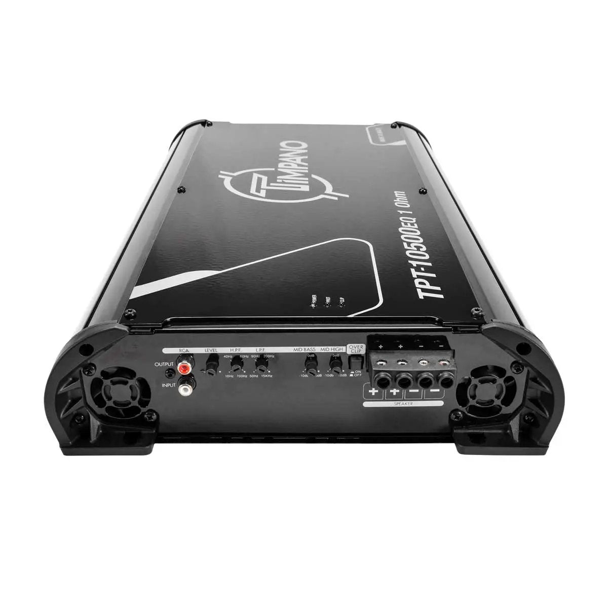 Timpano TPT-10500EQ 1-ohm amplifier, angled connection-panel view