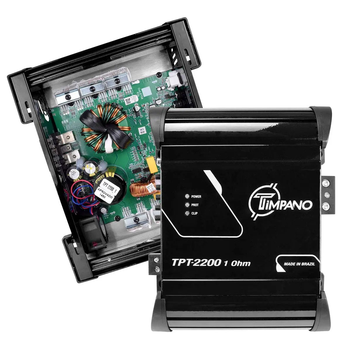 Timpano TPT-2200 1-ohm amplifier shown closed and opened to reveal its green circuit board
