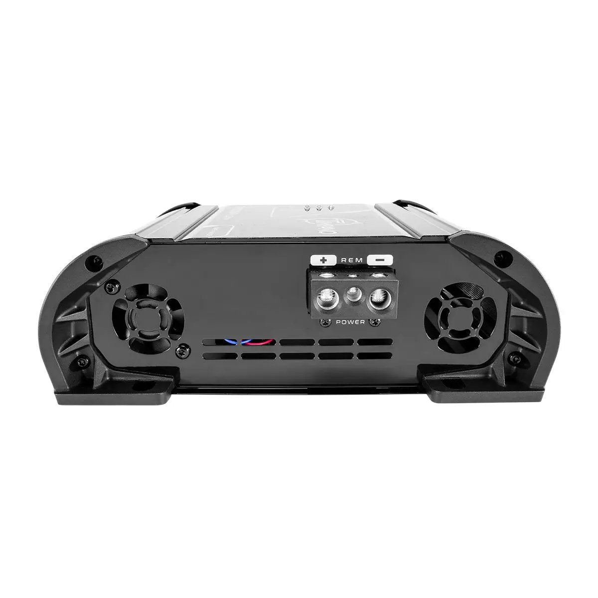 Amplifier power-input panel with three screw terminals, ventilation slots and two cooling fans