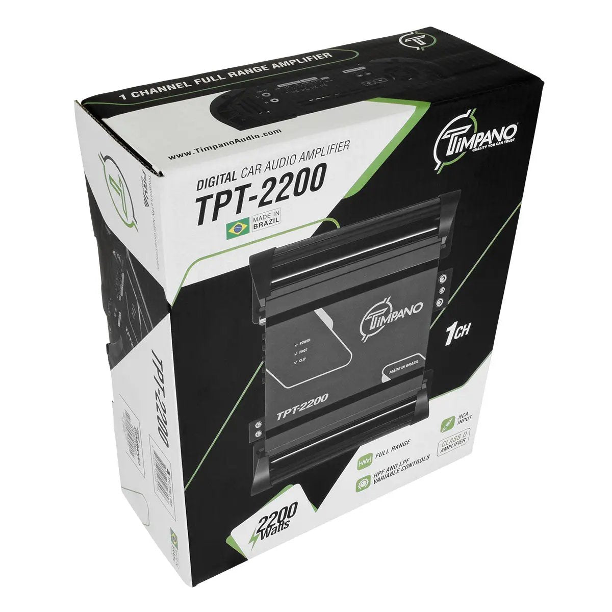 Timpano TPT-2200 amplifier retail box with a printed amplifier image