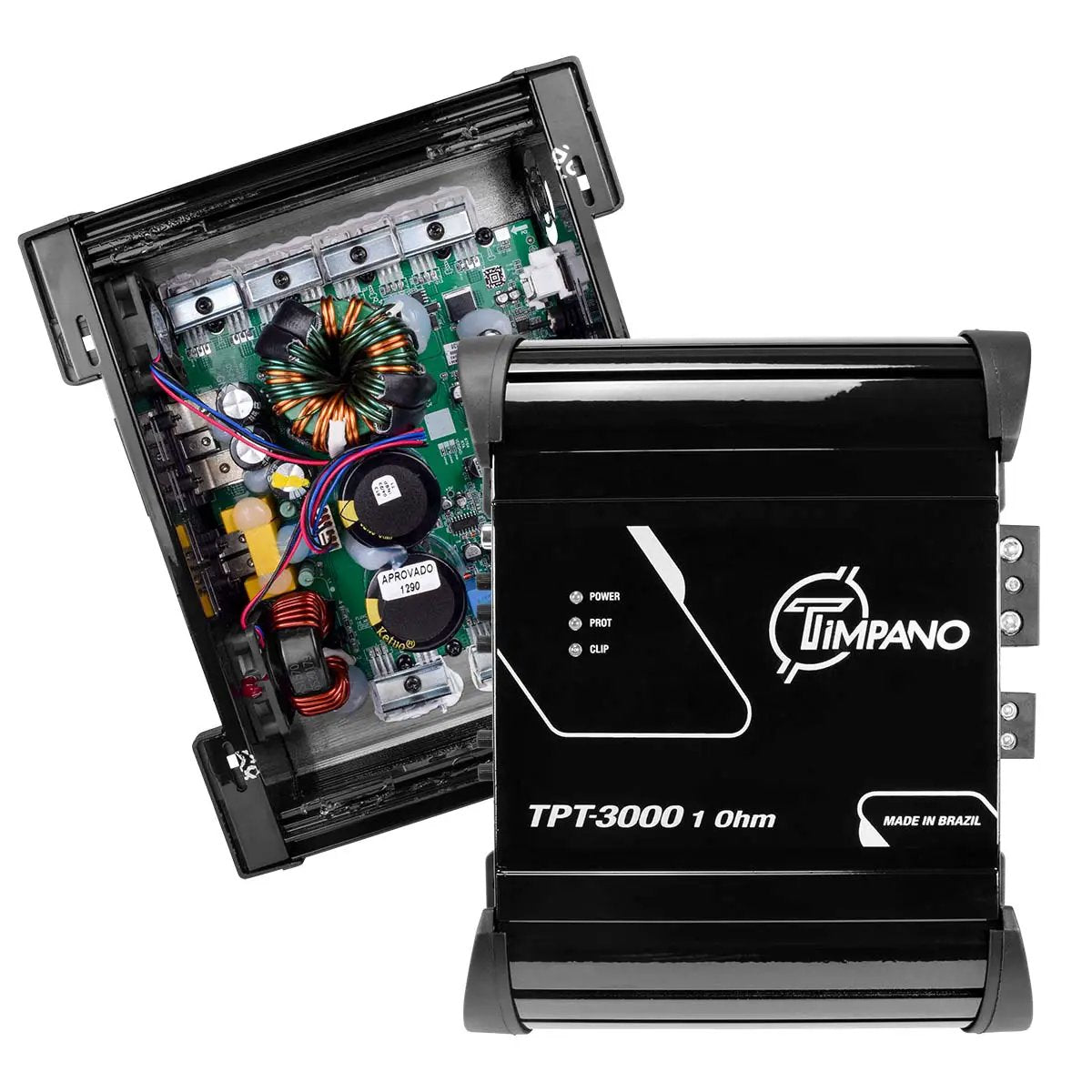 Timpano TPT-3000 1-ohm amplifier shown closed and opened to reveal its green circuit board