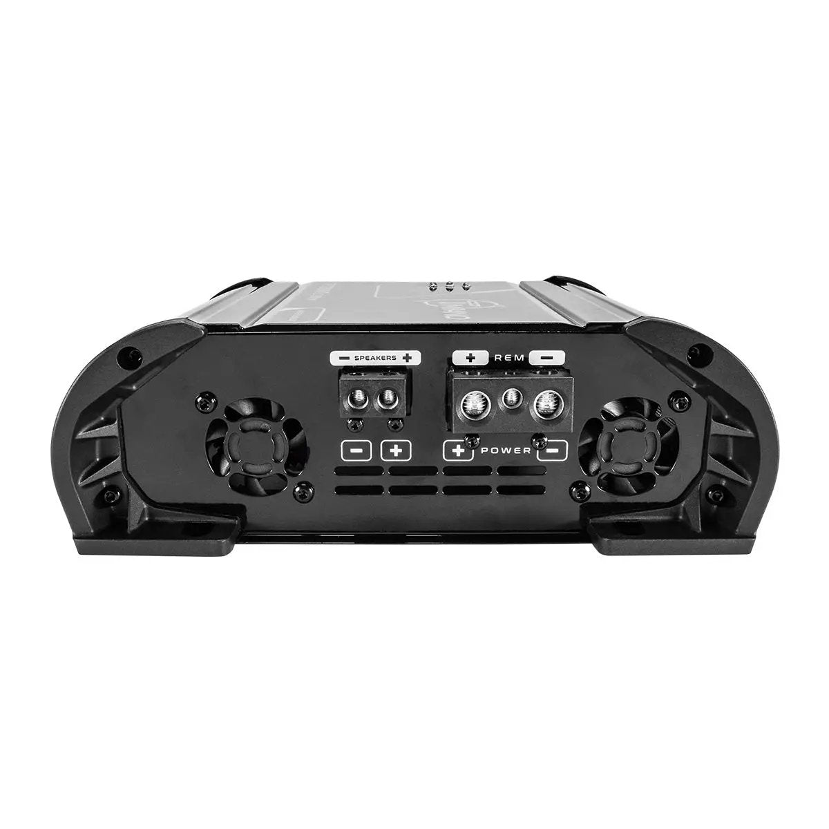 Amplifier end panel showing power and speaker terminals with two cooling fans