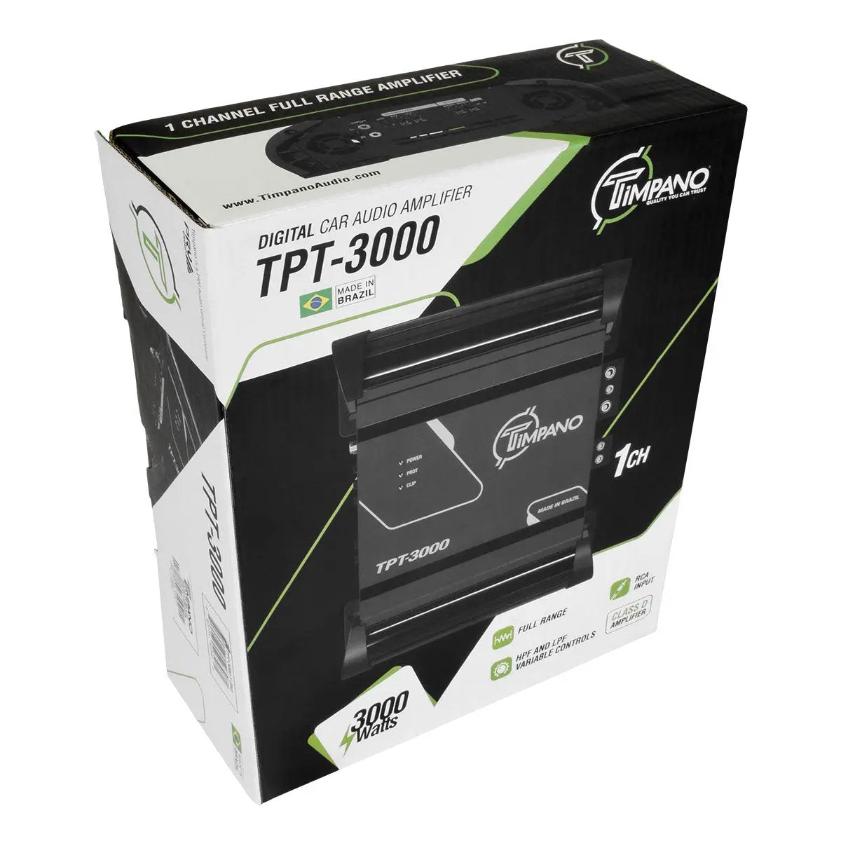 Timpano TPT-3000 retail box labeled as a one-channel full-range amplifier, with an amplifier photo and 3000-watt badge