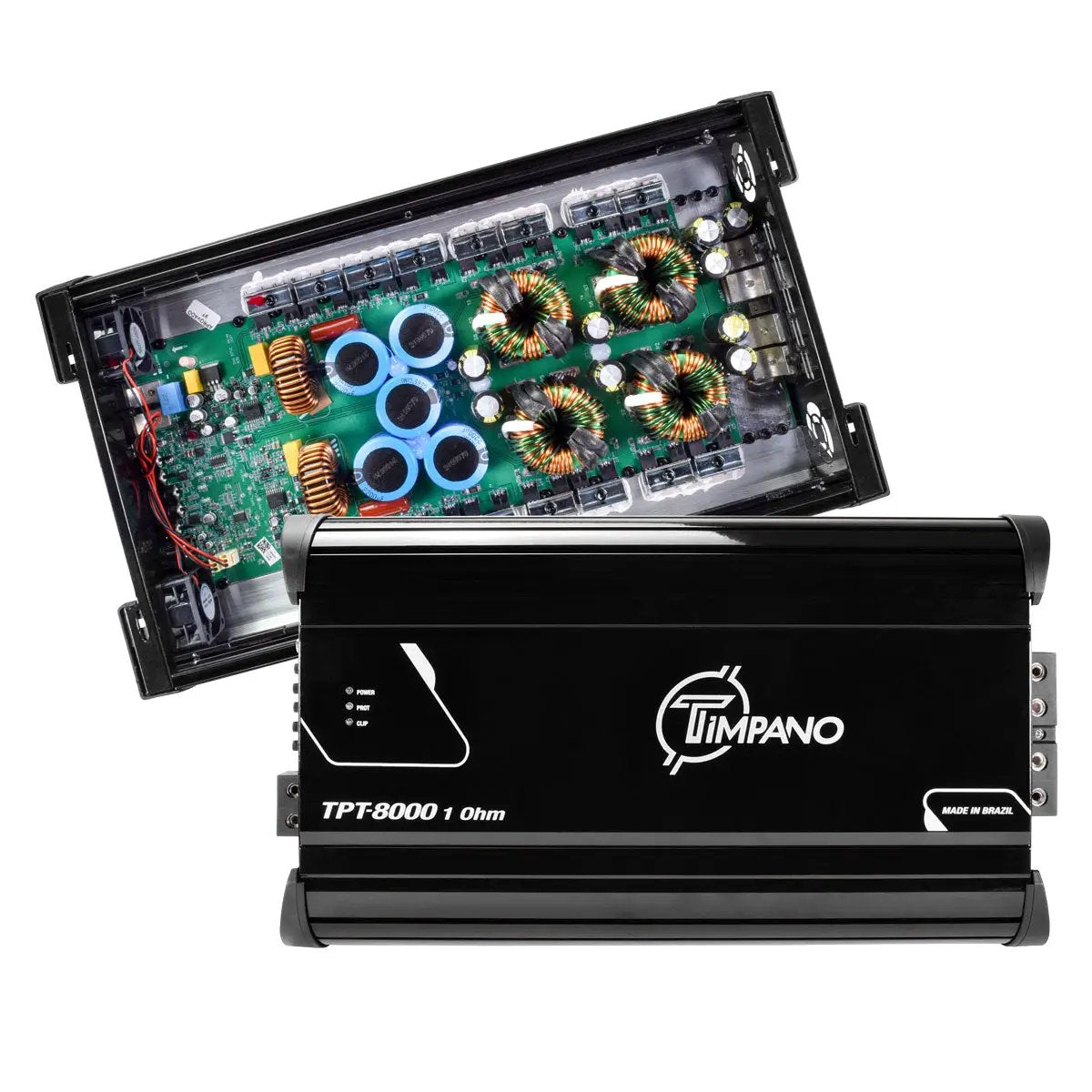 Timpano TPT-8000 1-ohm amplifier with a second view exposing its internal circuit board