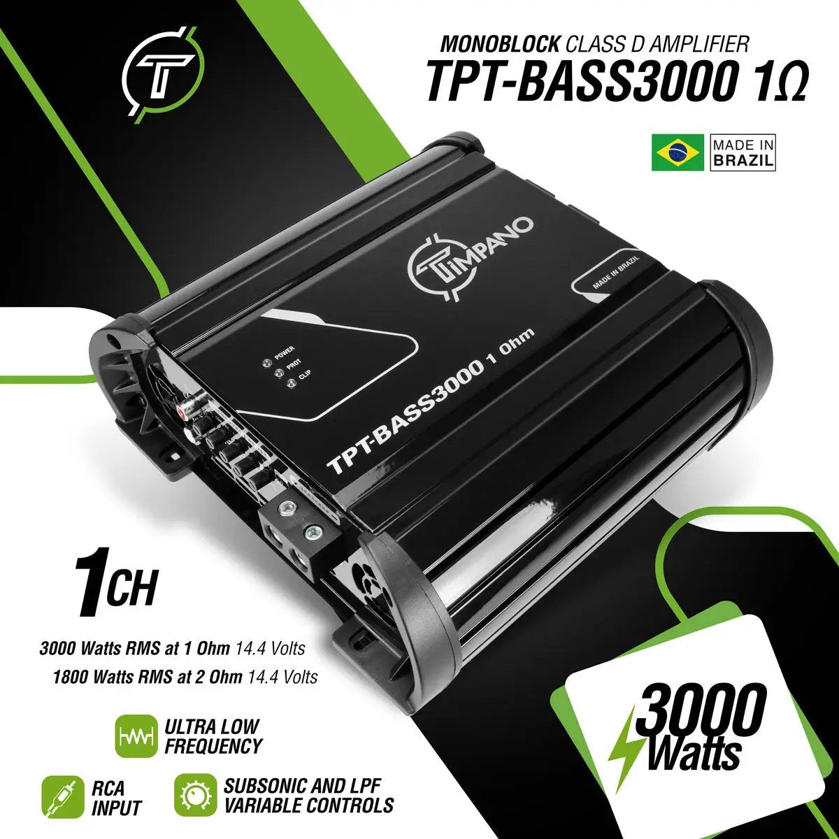 TPT-BASS3000 1-ohm amplifier graphic listing 3000W RMS at 1 ohm and 1800W at 2 ohms, both at 14.4V