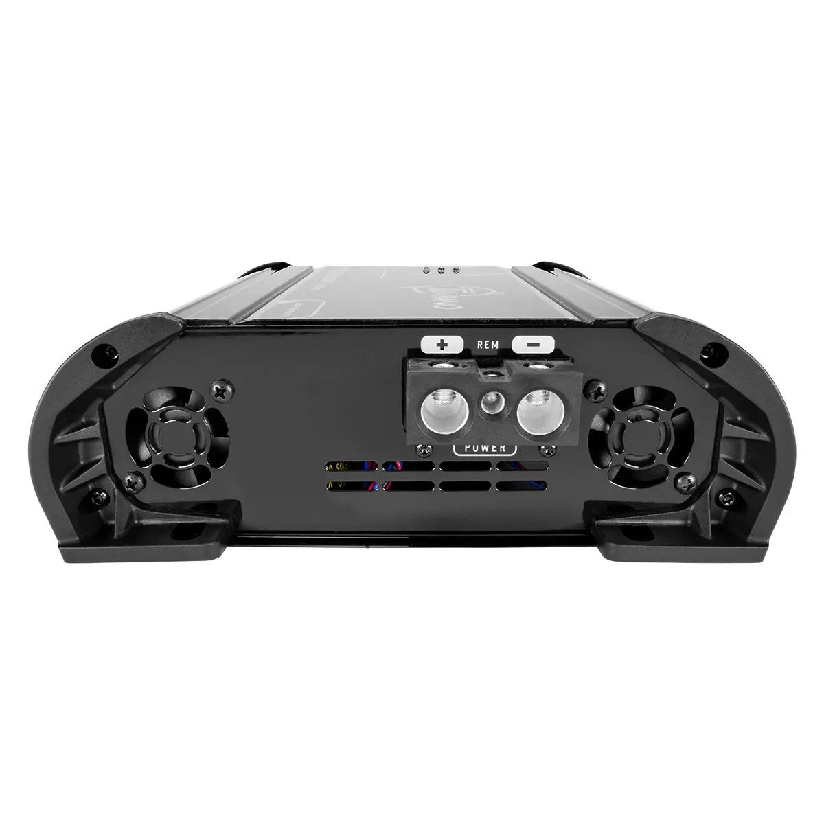Timpano TPT-BASS3000 power panel with positive, remote and ground terminals between two cooling fans