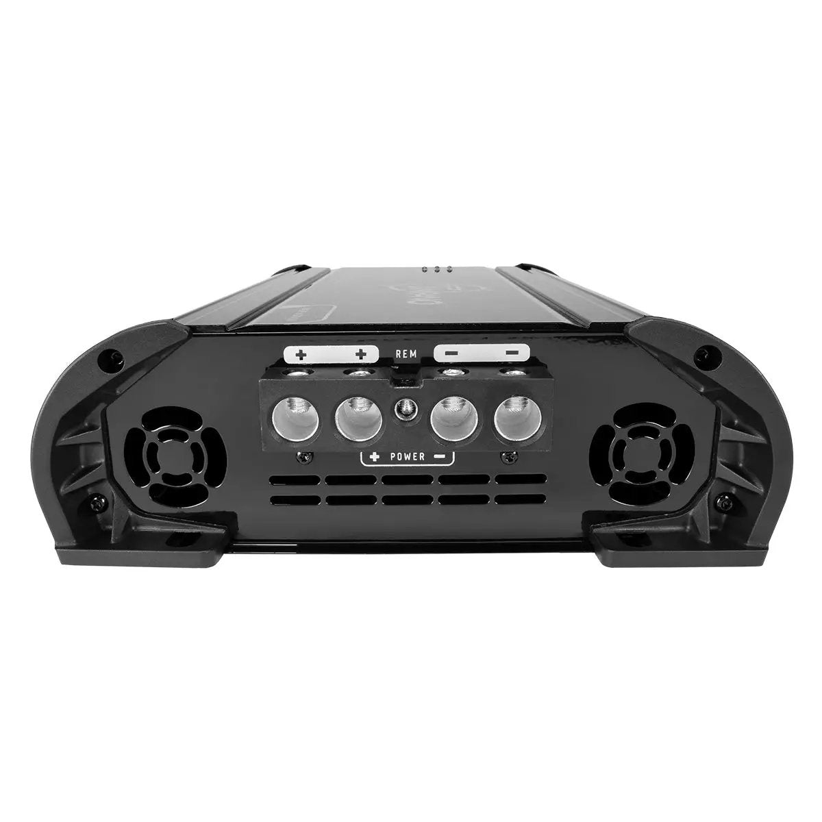 Amplifier power-input end panel with positive, remote and negative terminals between two cooling fans