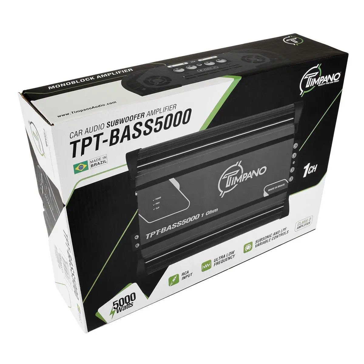 Timpano TPT-BASS5000 retail box showing the amplifier, a 5000-watt badge and subsonic and low-pass filter controls