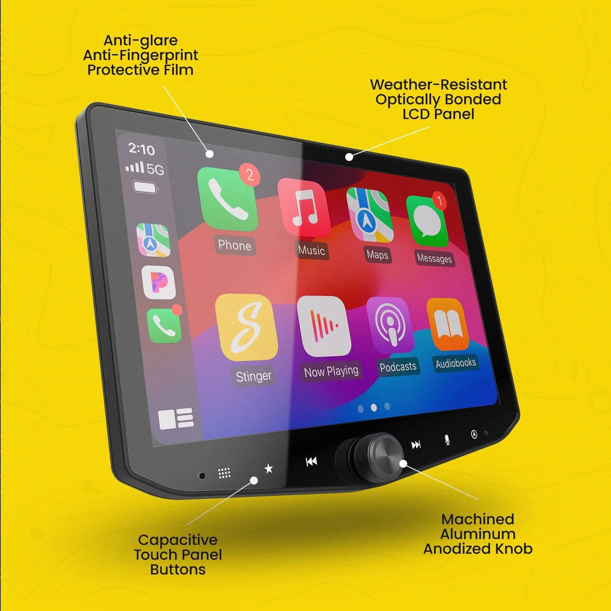 Stinger display feature graphic identifying protective film, an optically bonded LCD, capacitive buttons and an aluminum knob