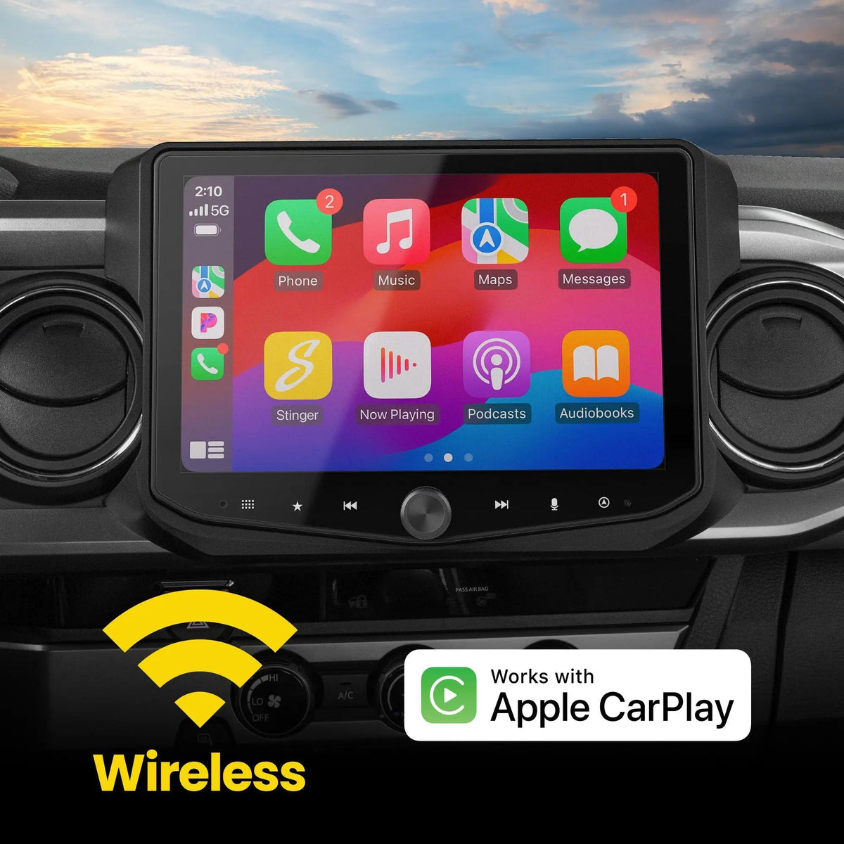 Stinger HORIZON10 installed in a Toyota Tacoma dashboard showing the wireless Apple CarPlay app screen
