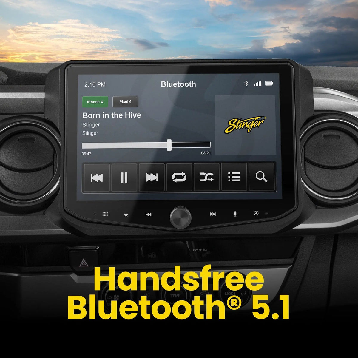 Stinger dashboard touchscreen showing music playback in a hands-free Bluetooth 5.1 graphic