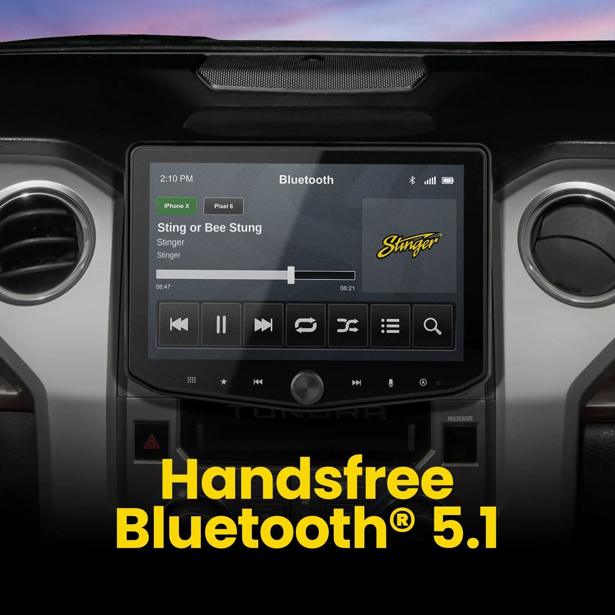 Stinger HORIZON10 in a Toyota Tundra dashboard showing Bluetooth music playback