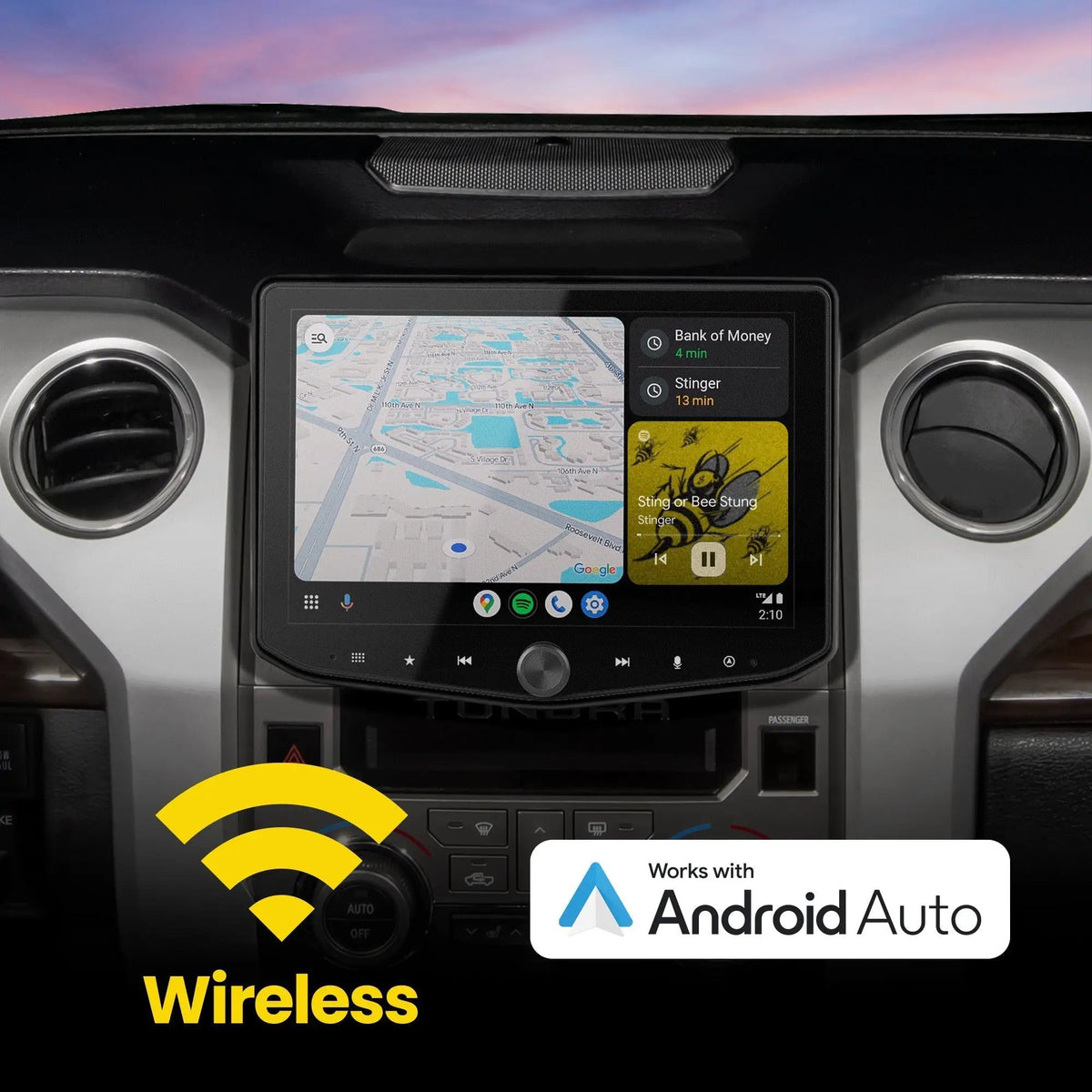 Installed Stinger touchscreen showing navigation and music in a wireless Android Auto graphic