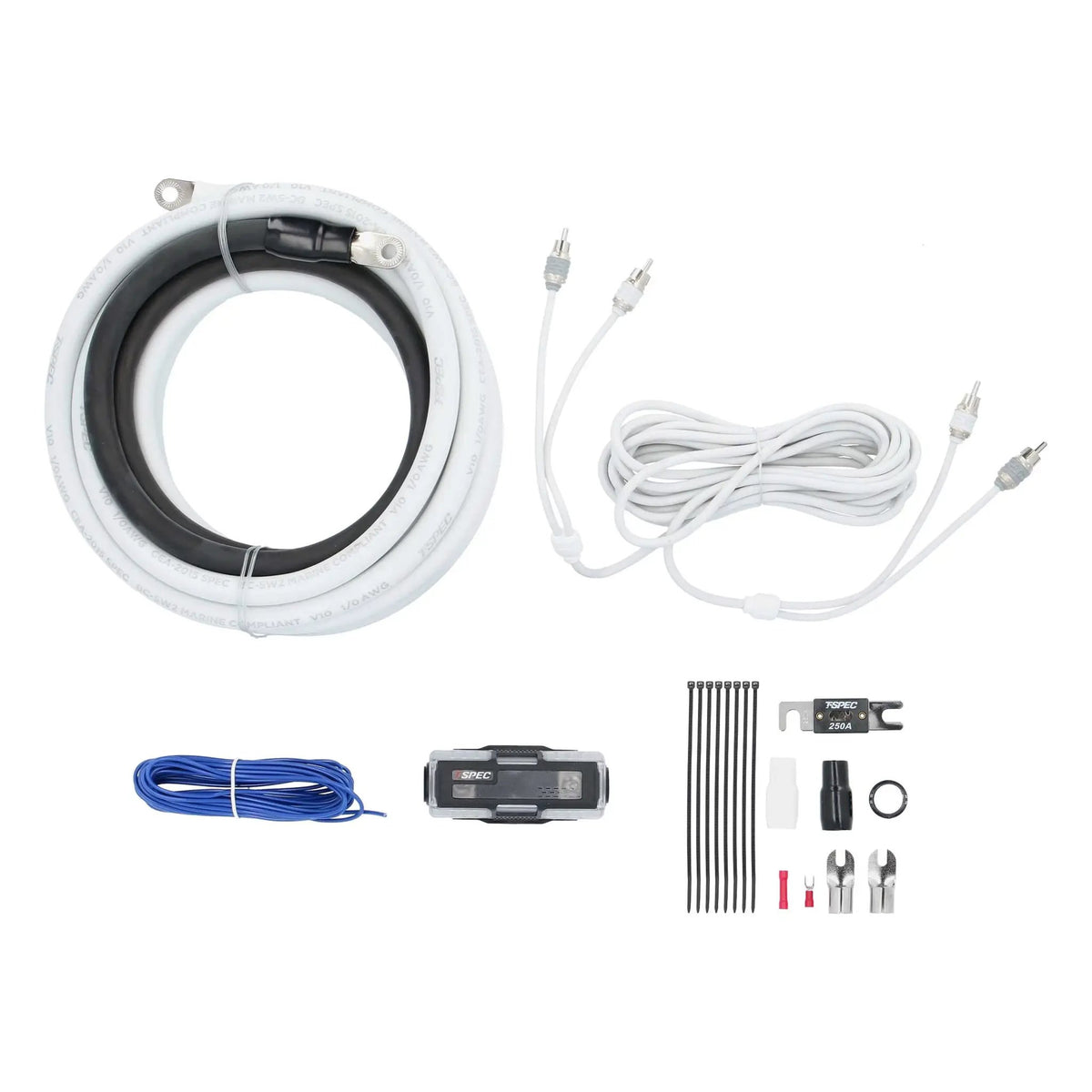 Amplifier wiring kit with white and dark cables, white RCA cable, fuse holder, blue wire and connectors