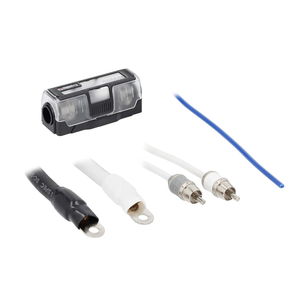 Covered inline fuse holder with ring-terminal cable ends, RCA plugs and a blue wire