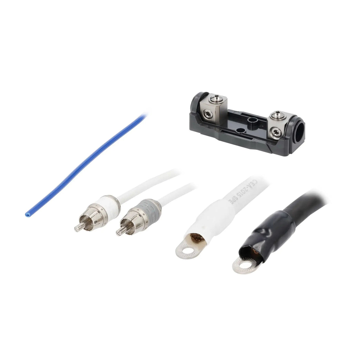 Uncovered inline fuse holder with ring-terminal cable ends, RCA plugs and a blue wire