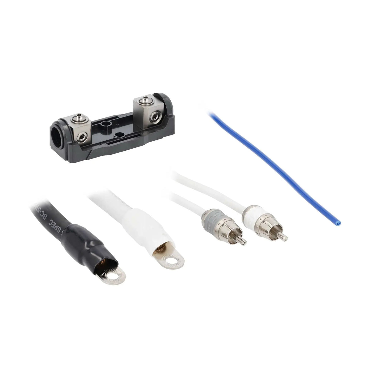 Amplifier wiring-kit detail with fuse holder cover removed, RCA plugs and ring-terminal power leads