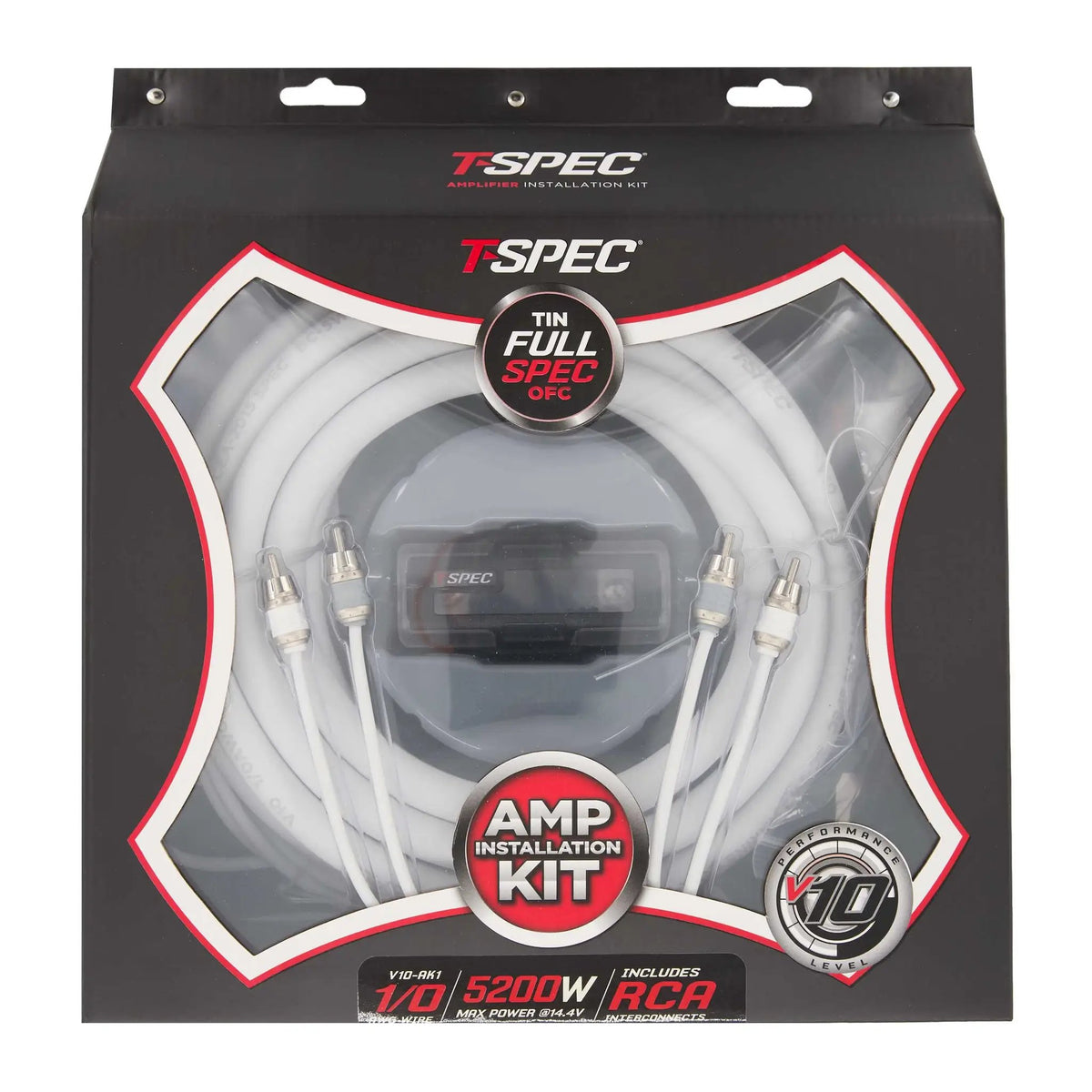 T-Spec V10-AK1 amplifier wiring kit in packaging marked 1/0 AWG with RCA interconnects