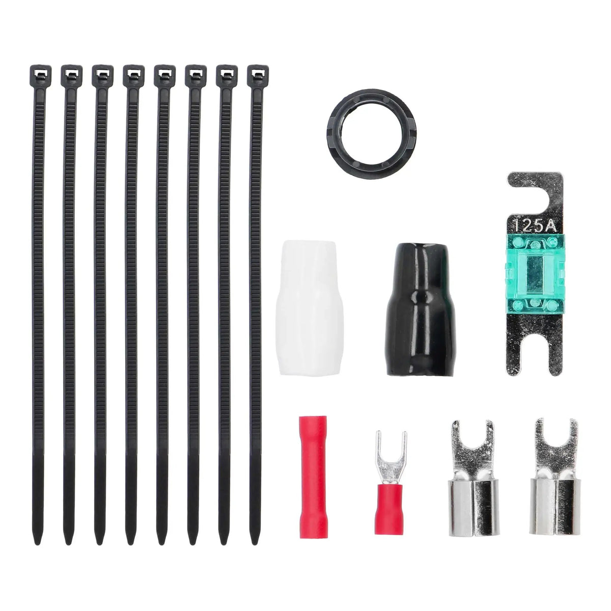 T-Spec installation accessories with a 125A fuse, cable ties, terminals, grommet and protective sleeves