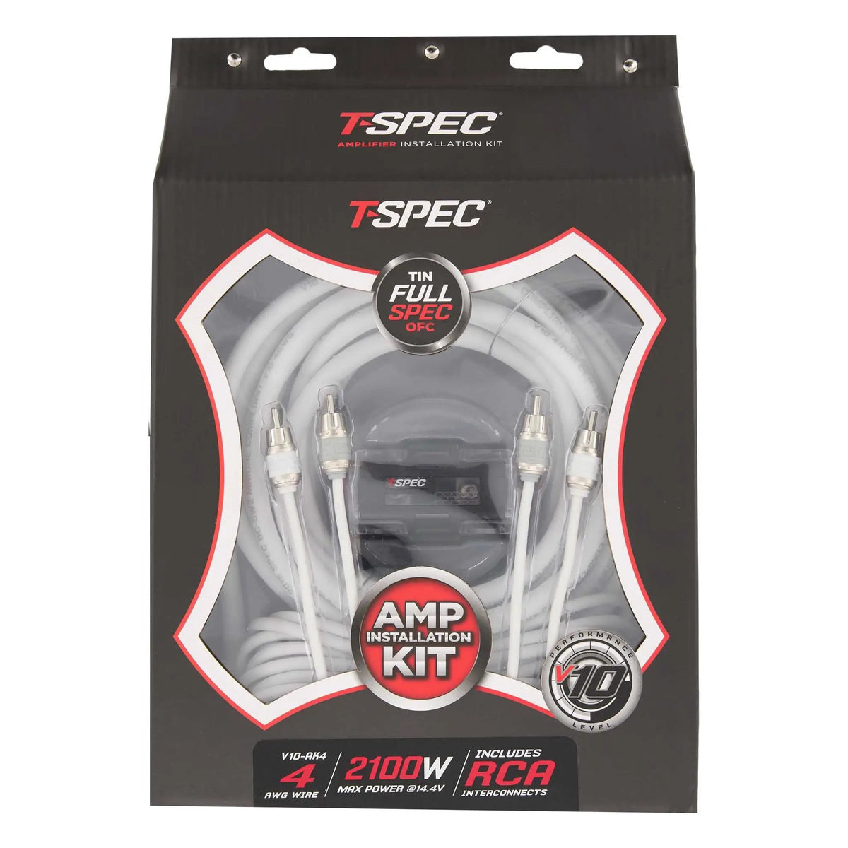 T-Spec V10-AK4 amplifier wiring kit in packaging marked 4 AWG with RCA interconnects