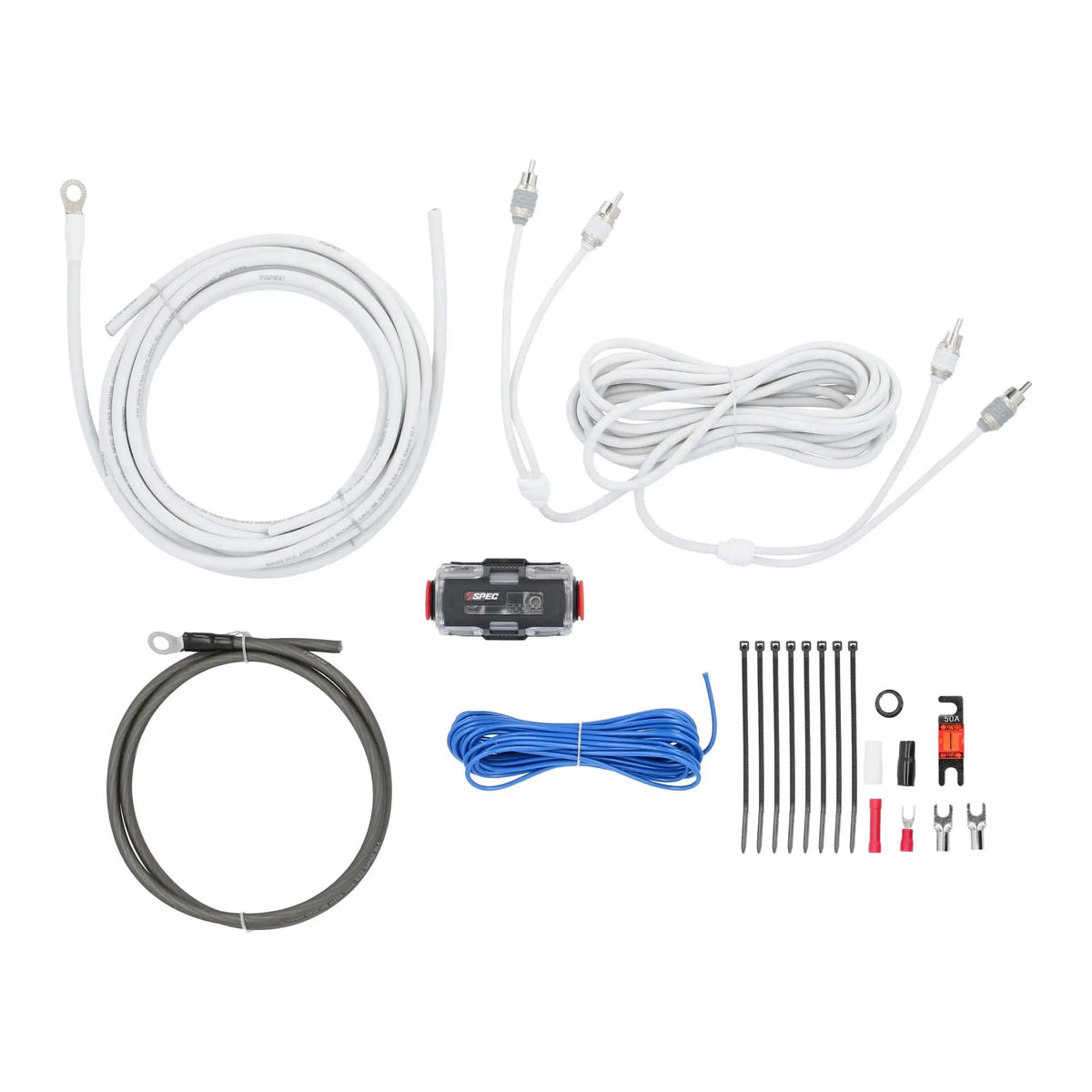 Wiring kit laid out with white and dark cables, RCA cable, fuse holder, connectors and cable ties