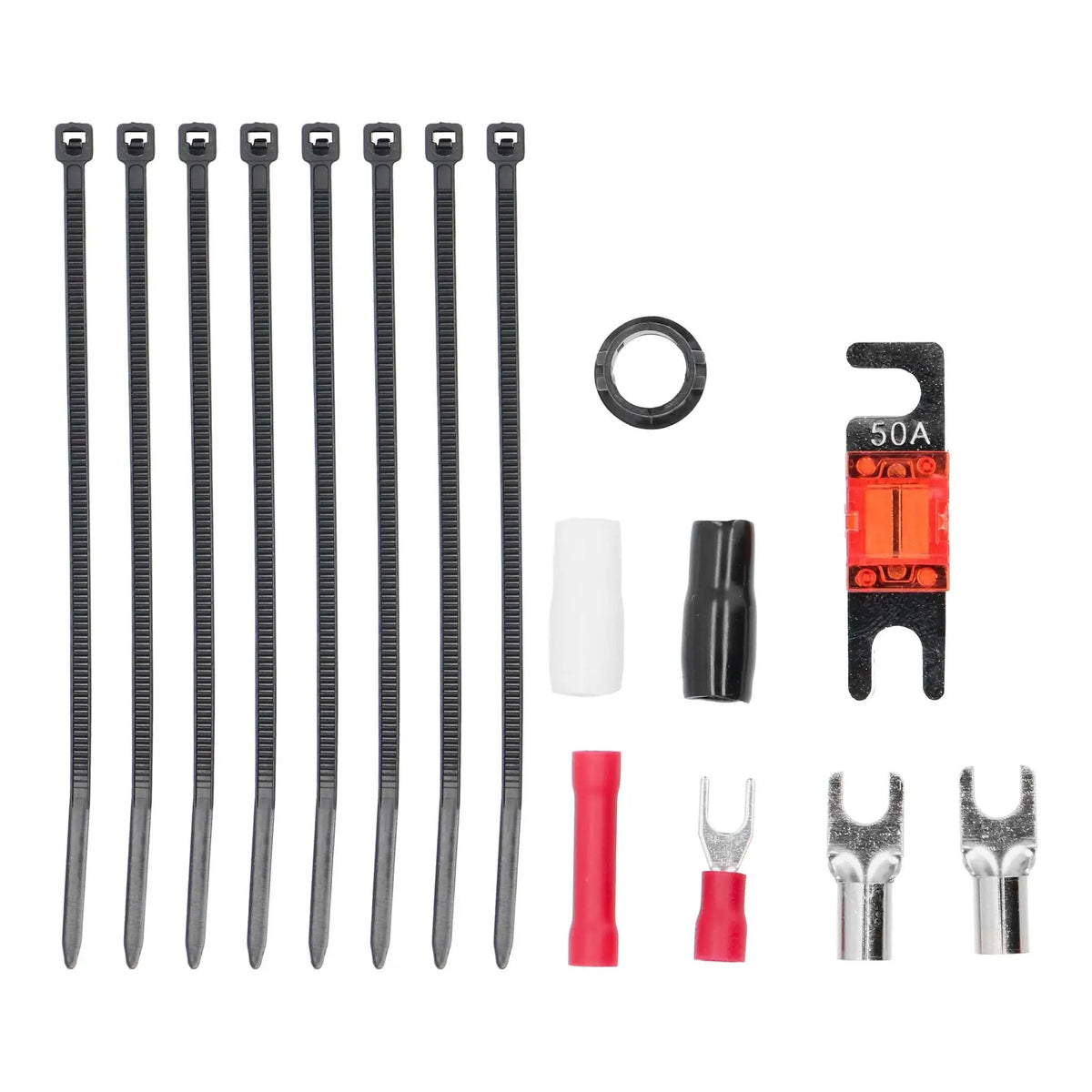 T-Spec V10-AK8 installation accessories with cable ties, a 50A fuse, terminals, sleeves and a grommet