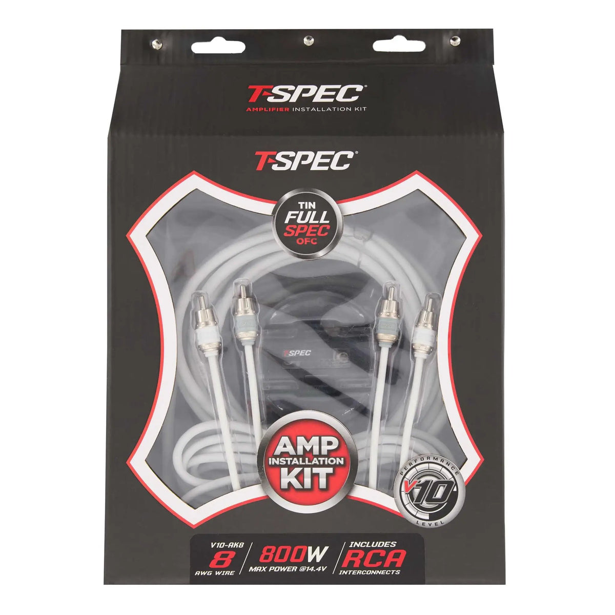 T-Spec V10-AK8 amplifier wiring kit in its black-and-red retail package